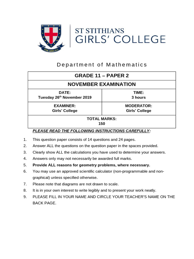 Grade 11 Maths Exam Paper 2 Nov 2019 | PDF | Circle | Mathematics