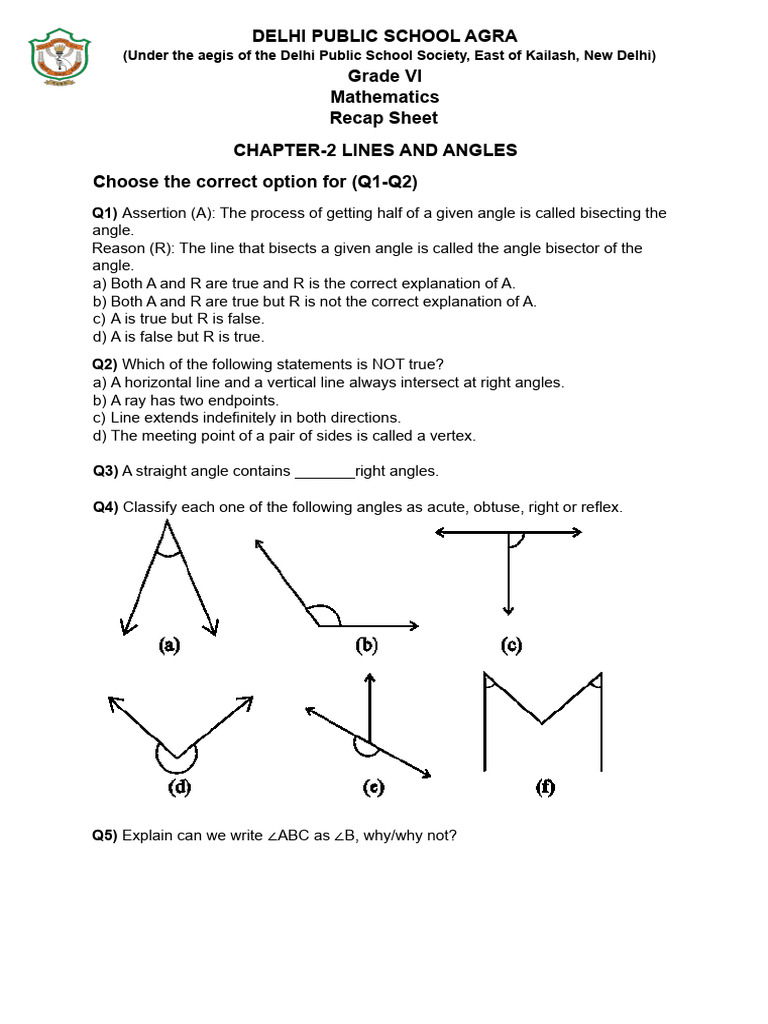 Class 6 Lines and Angles Worksheet | PDF | Angle | Elementary Geometry