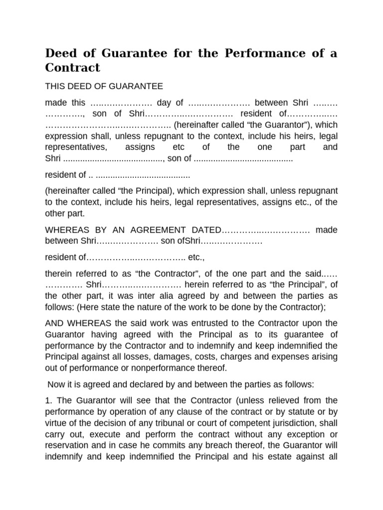 Guarantee Deed for Contractor Performance | PDF | Indemnity | Damages