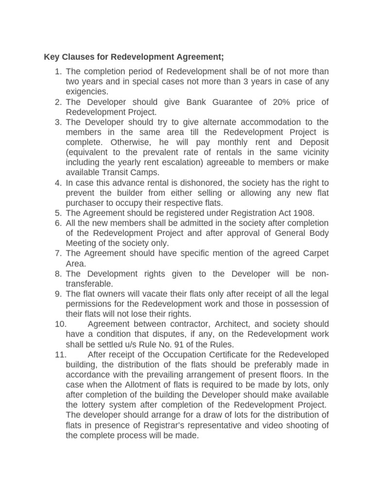 Key Clauses in Redevelopment Agreements | PDF | Mortgages | Cheque