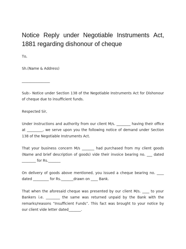 Legal Notice Under Section 138 NI Act | PDF | Cheque | Private Law