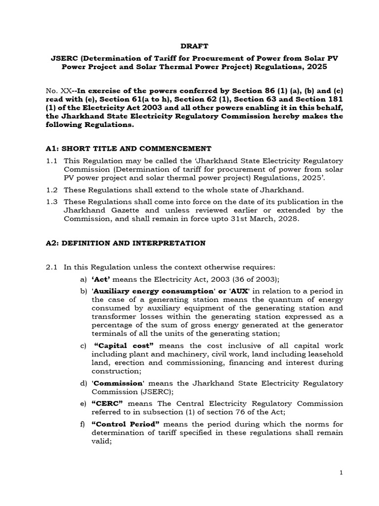 Jharkhand Solar Power Tariff Regulations 2025 | PDF | Solar Power ...