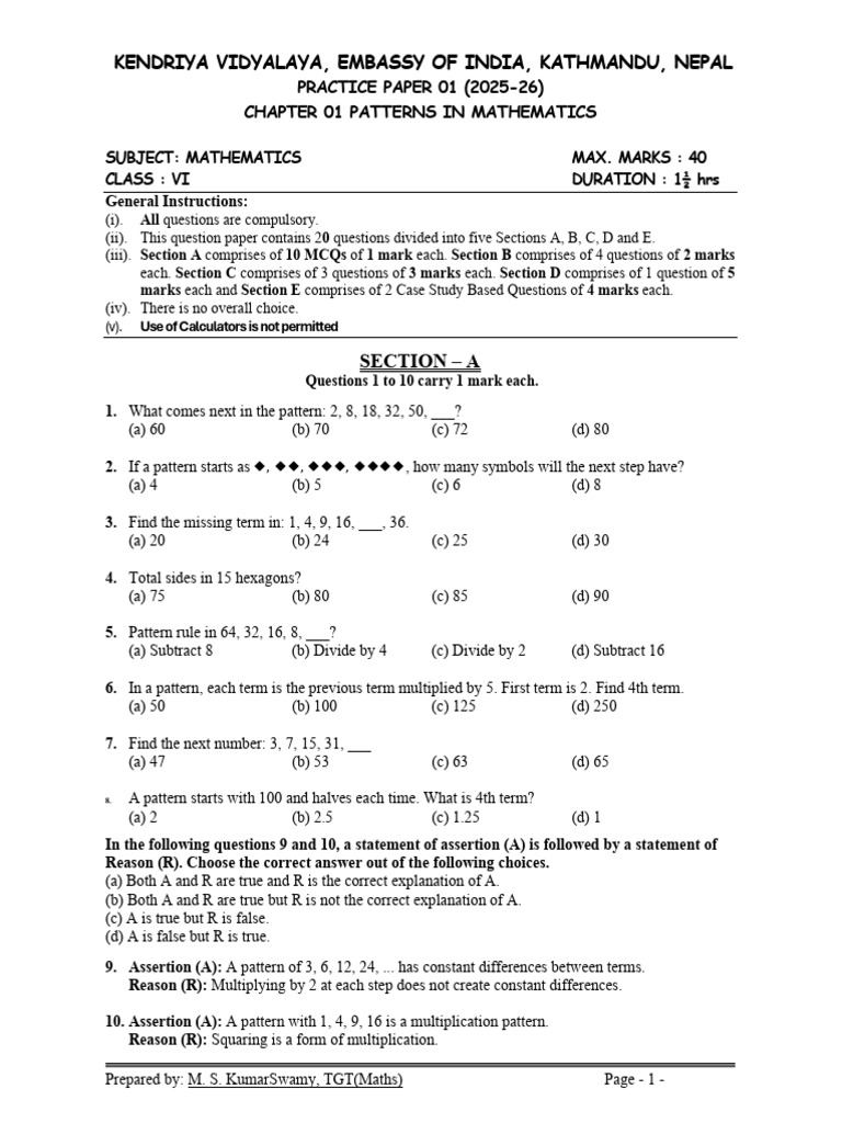 Class 6 Maths Patterns Practice Paper | PDF | Pattern | Mathematics