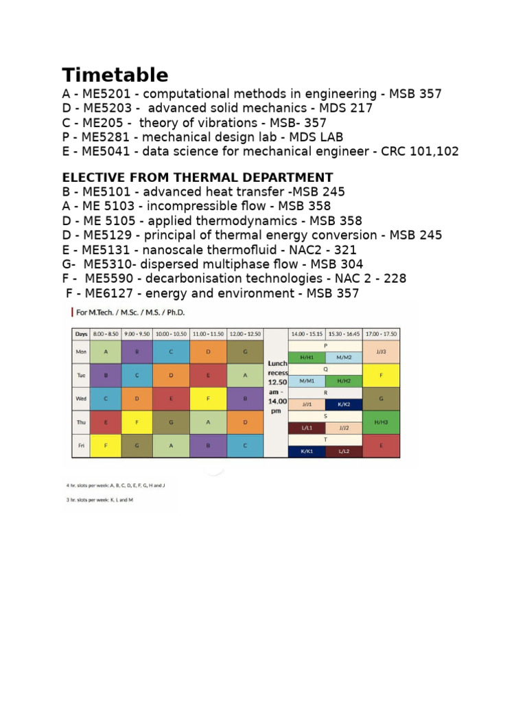 Mechanical Engineering Course Timetable | PDF