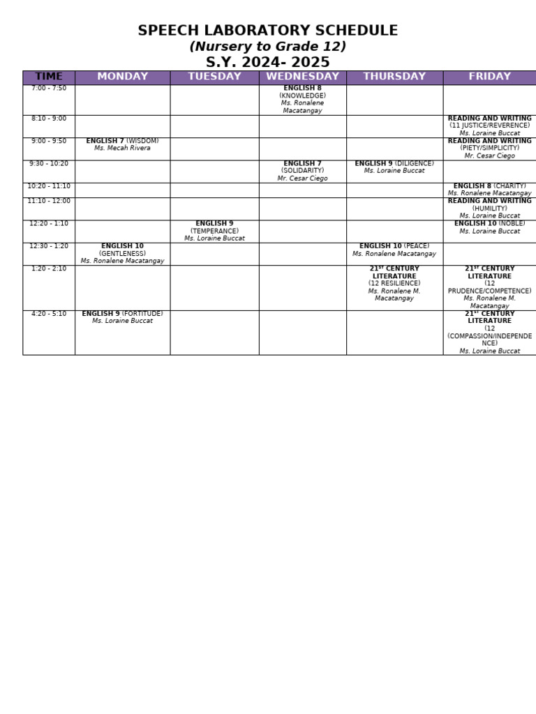 Speech Lab Schedule 2024-2025 | PDF | Virtue | Spirituality