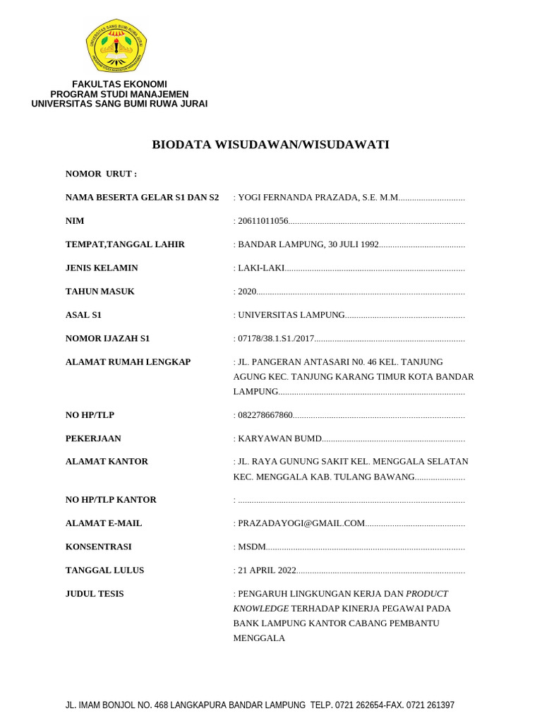 Biodata Wisudawan Yogi Prazada S.E., M.M. | PDF