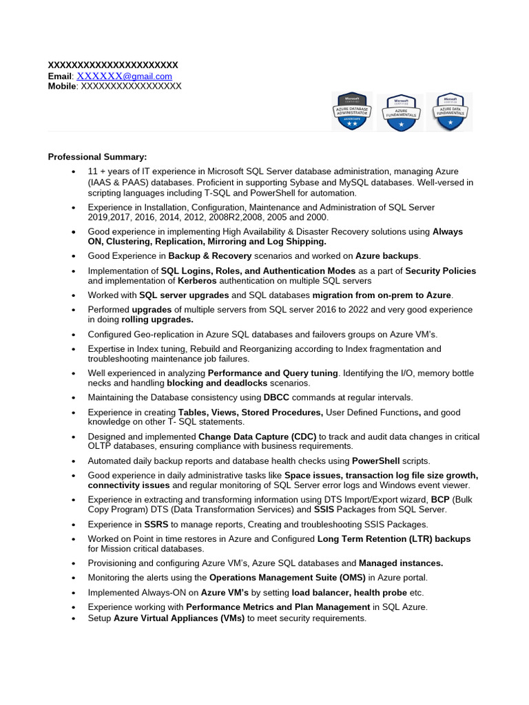 Azure SQL DBA Resume Overview | PDF | Microsoft Sql Server | Databases