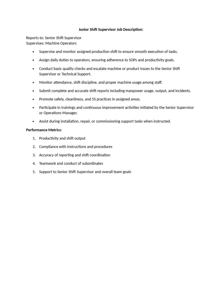 Junior Shift Supervisor Responsibilities | PDF
