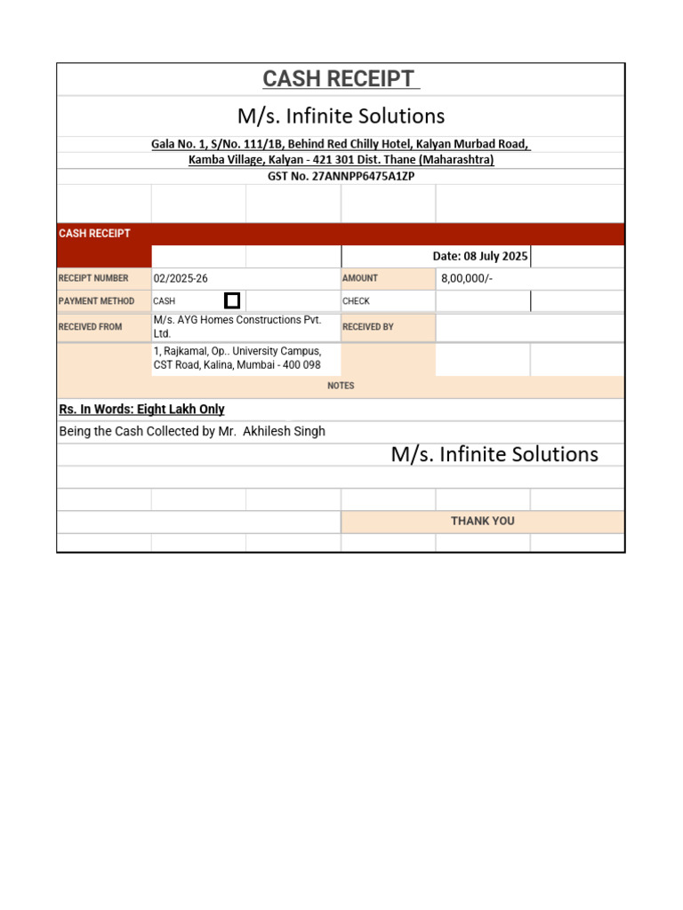 Cash Receipt for M/s. Infinite Solutions | PDF