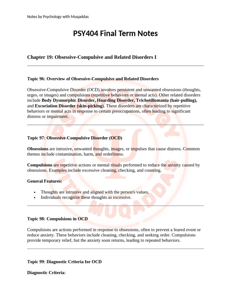 PSY404 Final Term Notes | PDF | Dissociation (Psychology) | Obsessive ...