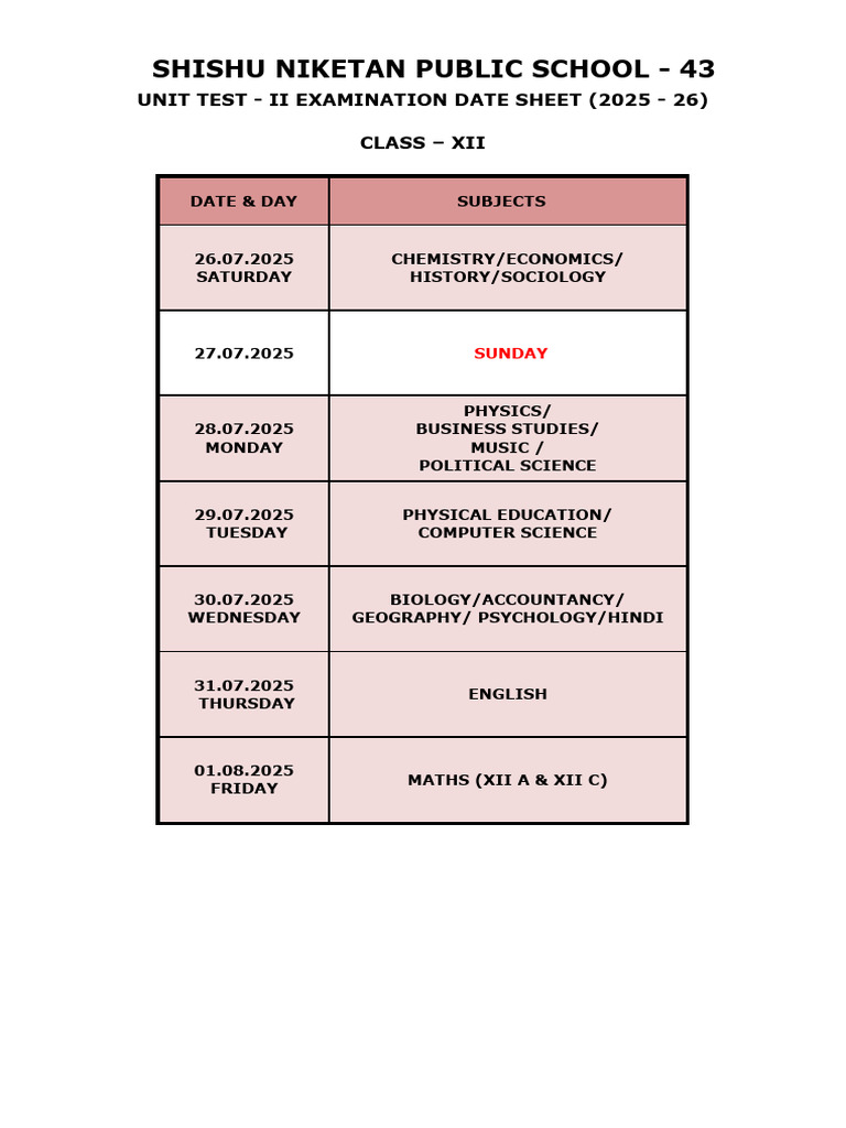 Class XII Unit Test II Date Sheet 2025 | PDF