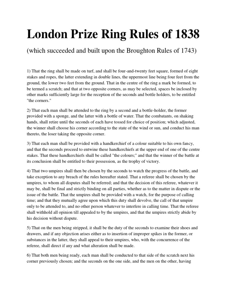 London Prize Ring Rules of Boxing of 1838 PDF Referee Mixed