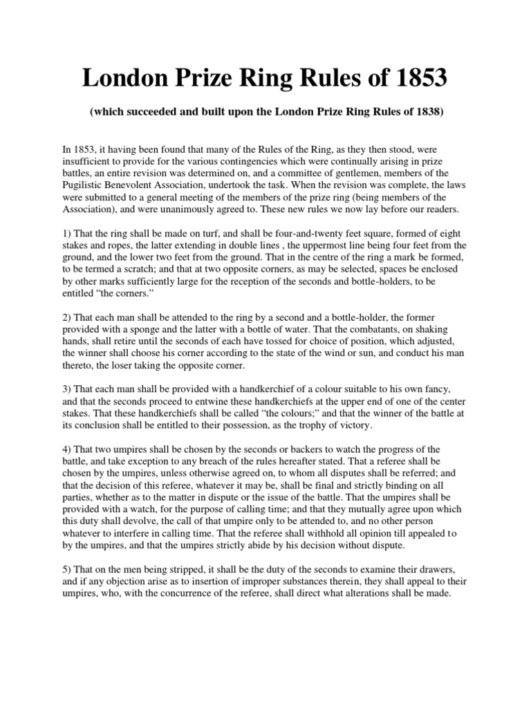 London Prize Ring Rules of Boxing 1853 Referee Mixed Martial Arts