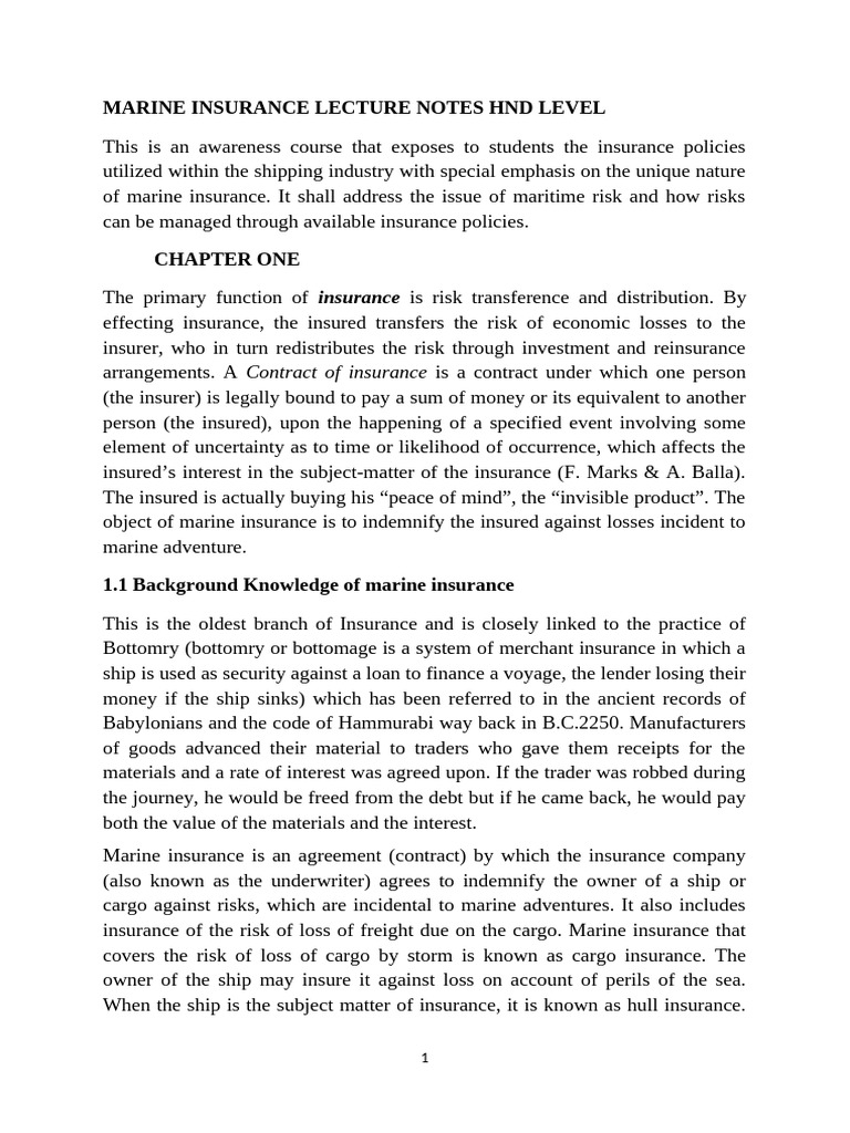 Marine Insurance Overview and Concepts | PDF | Insurance | Risk