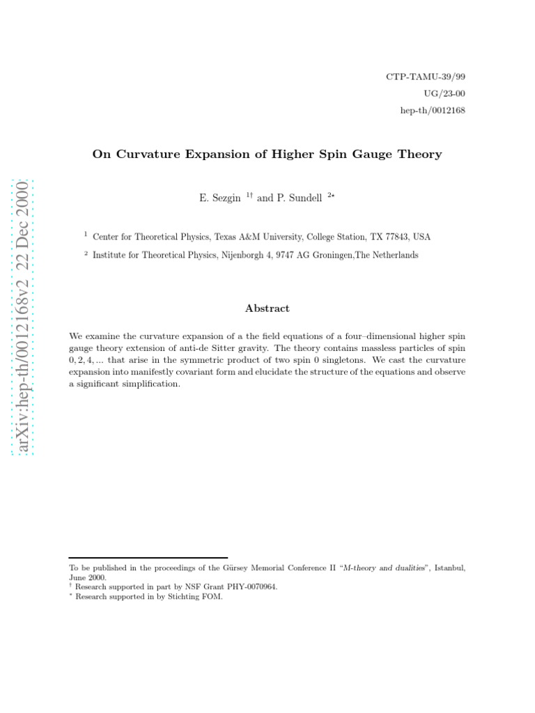 Curvature in Higher Spin Gauge Theory | PDF | Gauge Theory | Spin (Physics)