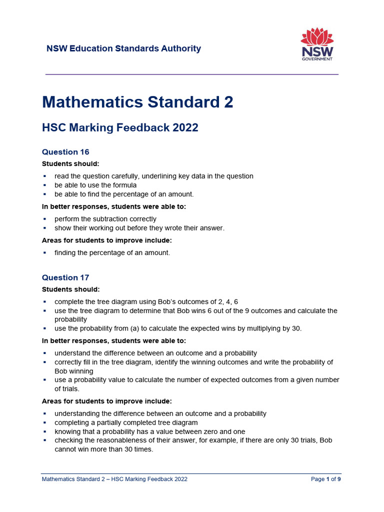HSC 2022 Maths Standard 2 Feedback | PDF | Area | Sphere