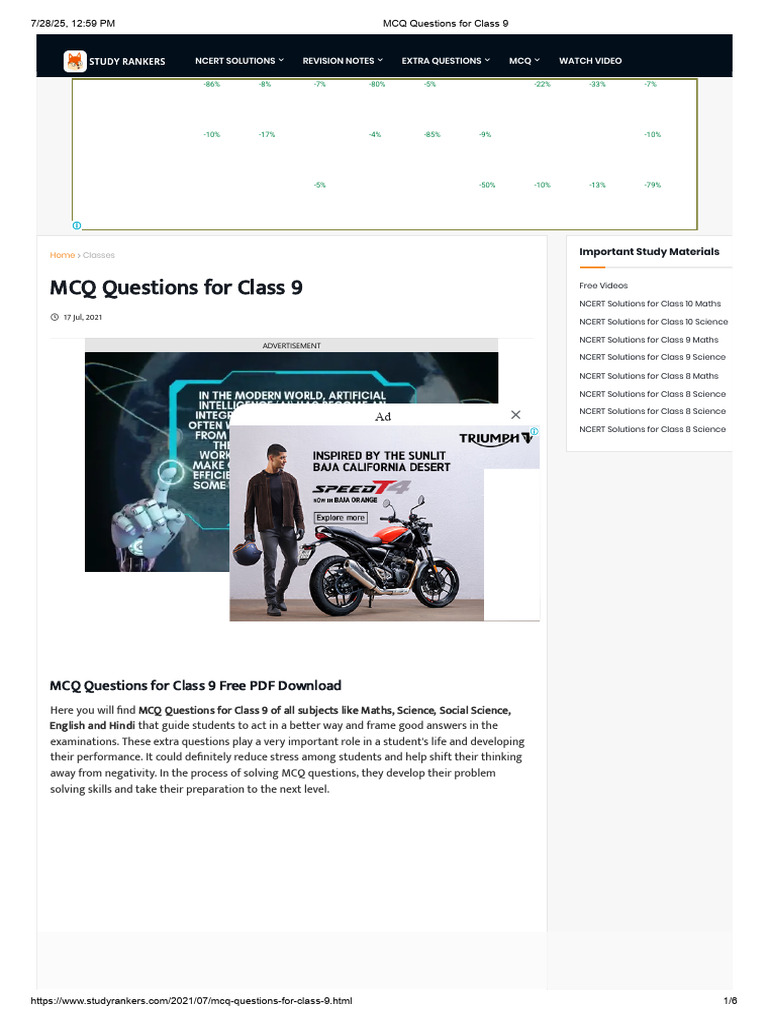 MCQ Questions for Class 9 Subjects | PDF | Multiple Choice | Area
