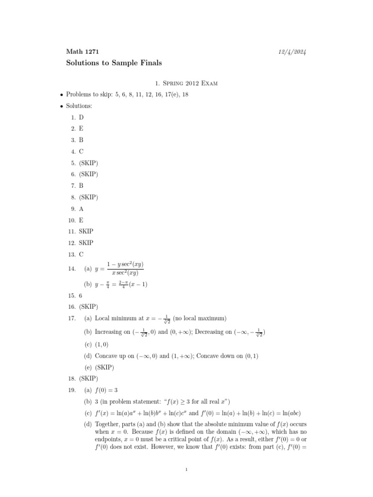 Math 1271 Sample Final Solutions | PDF | Mathematical Analysis ...