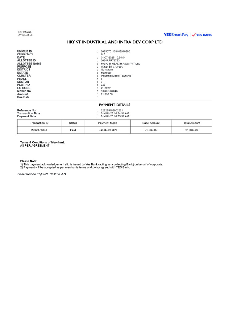 HSIIDC Water Bill Payment Receipt | PDF