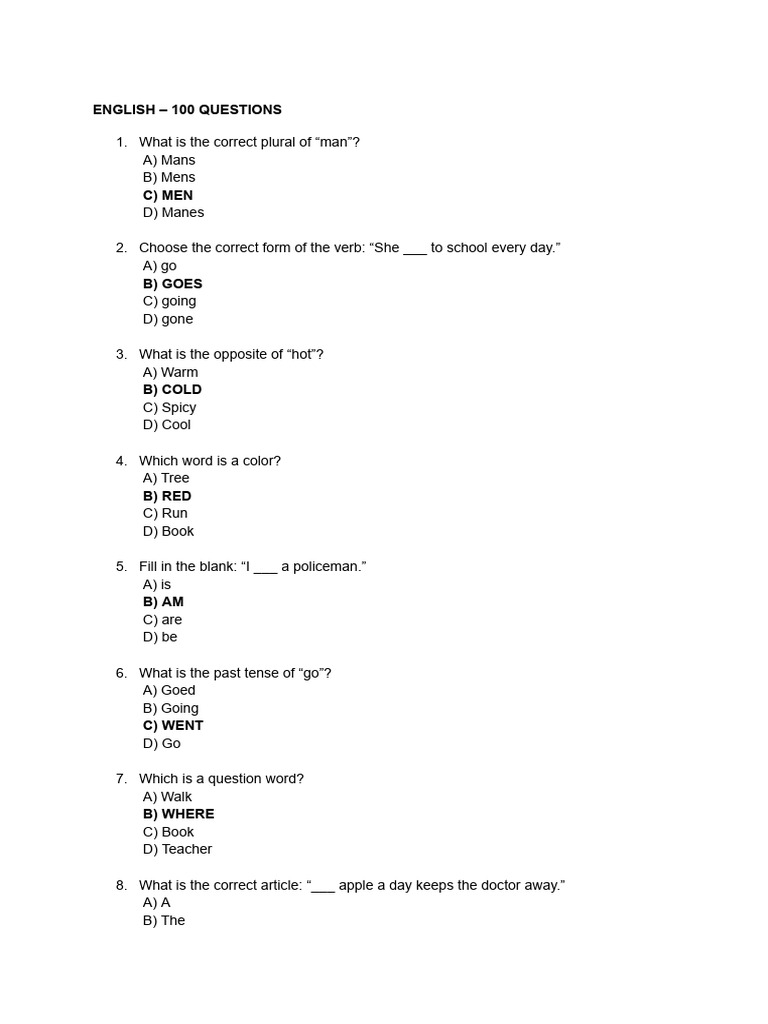 English Language Quiz: 100 Questions | PDF | English Language ...