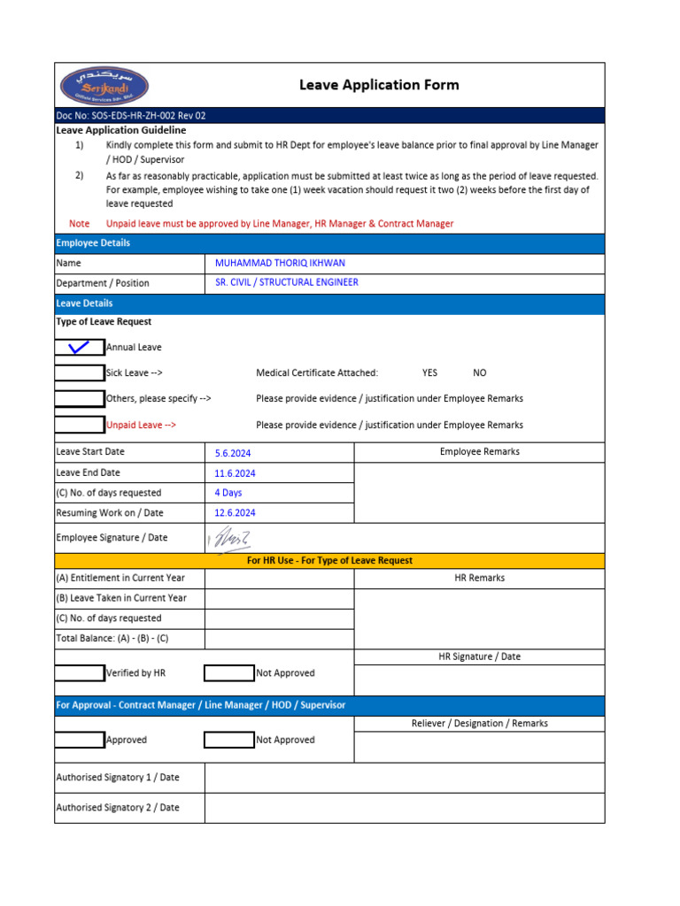 Leave Application Form (5 June To 11 June 2025) - Muhammad Thoriq ...