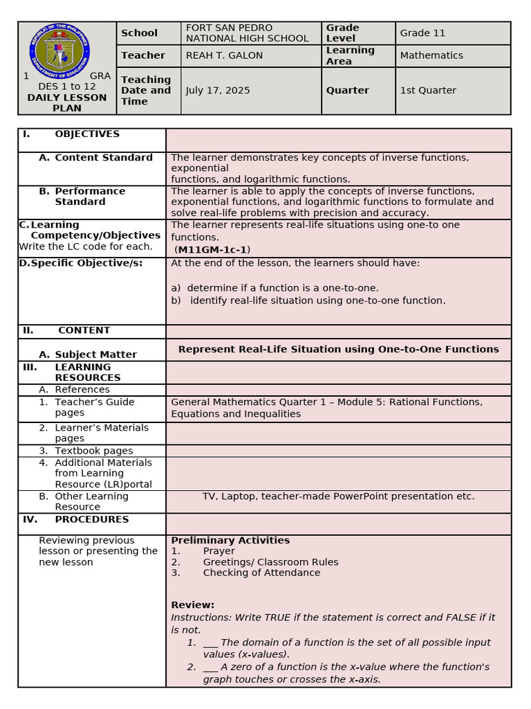Grade 11 Mathematics Lesson Plan | PDF | Function (Mathematics) | Asymptote