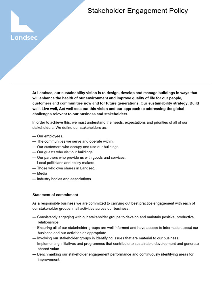 Landsec Stakeholder Engagement Policy | PDF | Sustainability | Policy