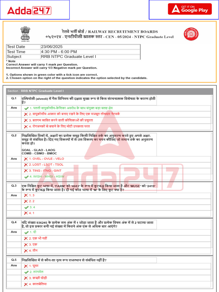 RRB NTPC Grade I 23-06-2025 Shift III | PDF