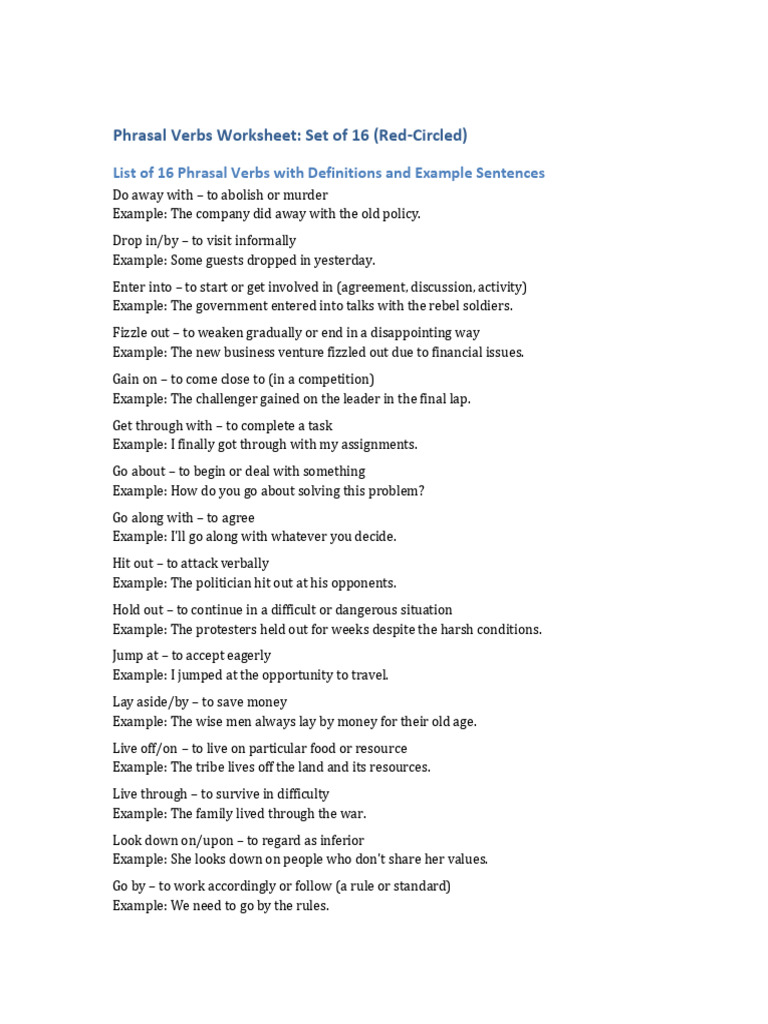 Phrasal Verbs Worksheet with Examples | PDF