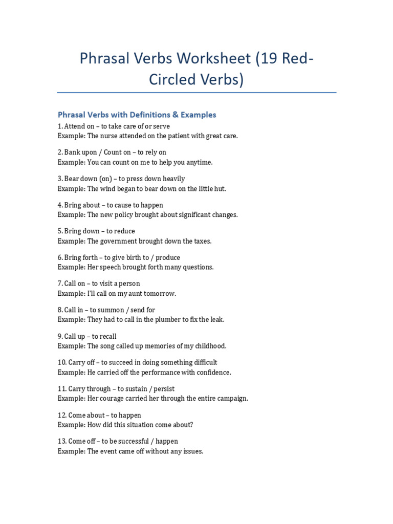 Phrasal Verbs Worksheet with Examples | PDF