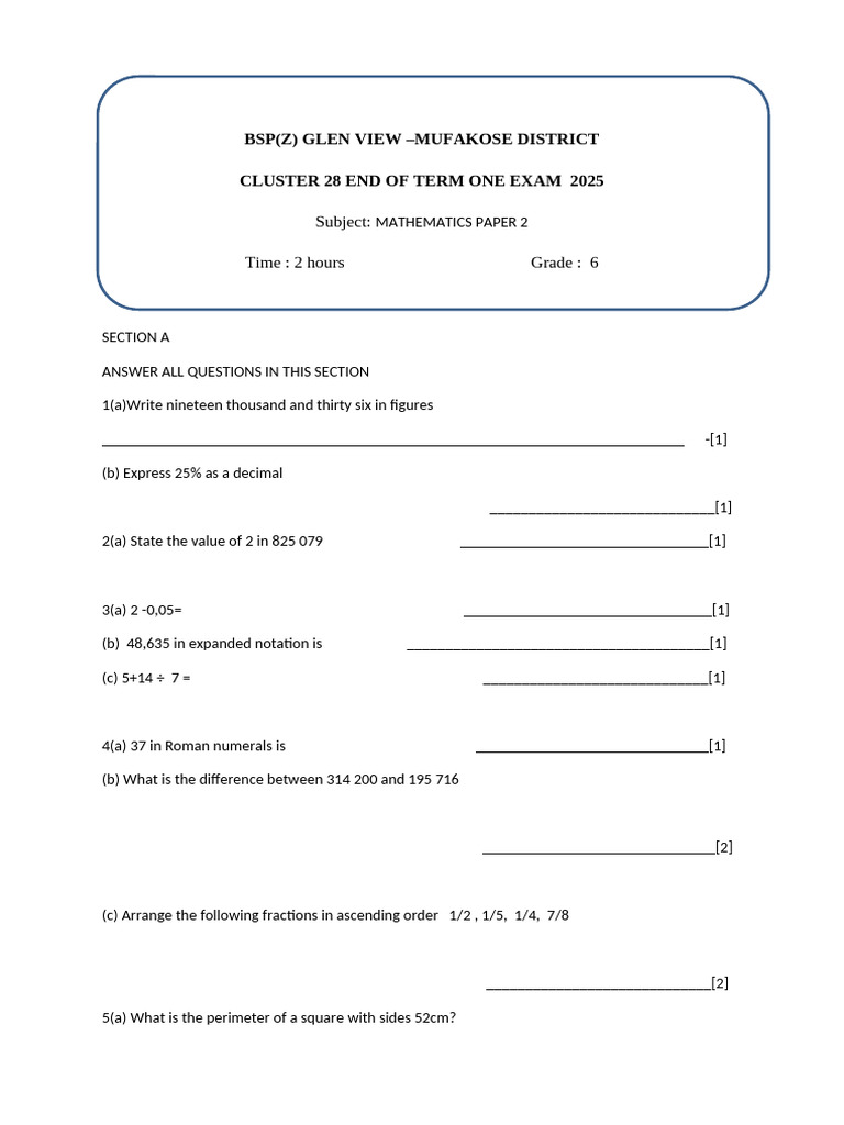 Bspz Glen View Mathematics Grade 6 Paper 2 Autosaved 2025 Pdf
