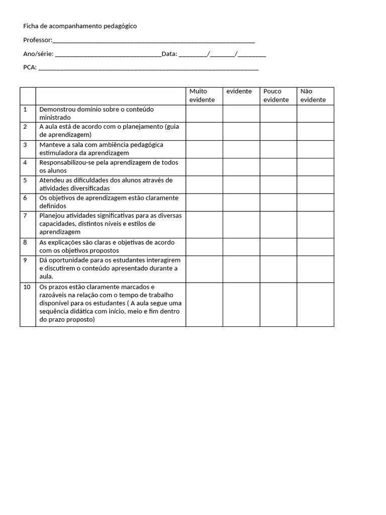 Ficha de Acompanhamento Pedagógico | PDF