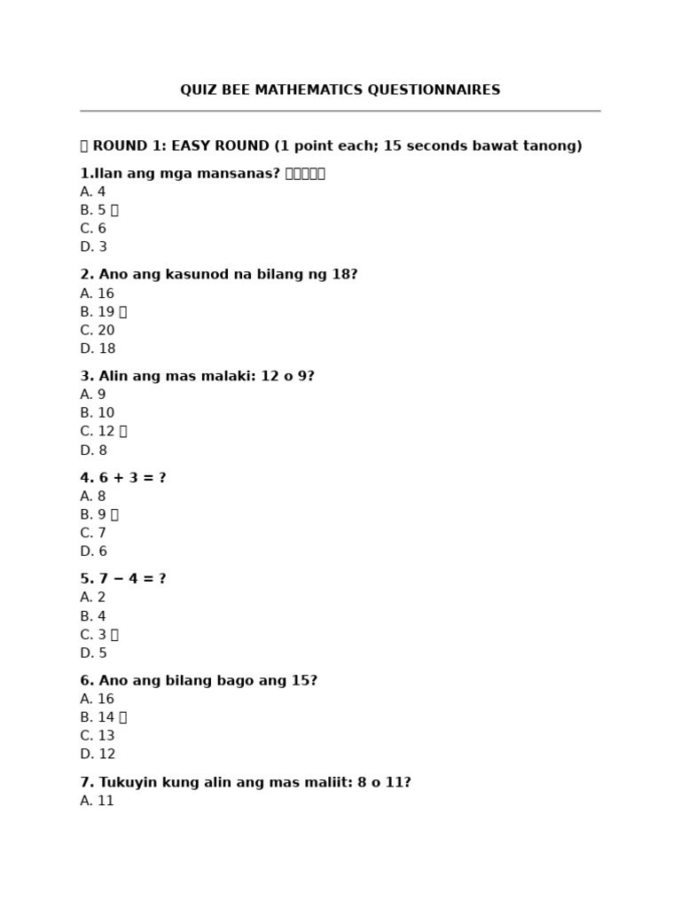 Math Quiz Bee Questionnaires | PDF