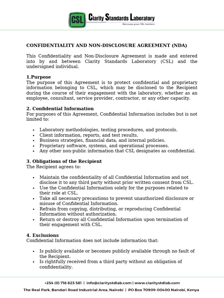 NDA for Clarity Standards Laboratory | PDF | Non Disclosure Agreement ...