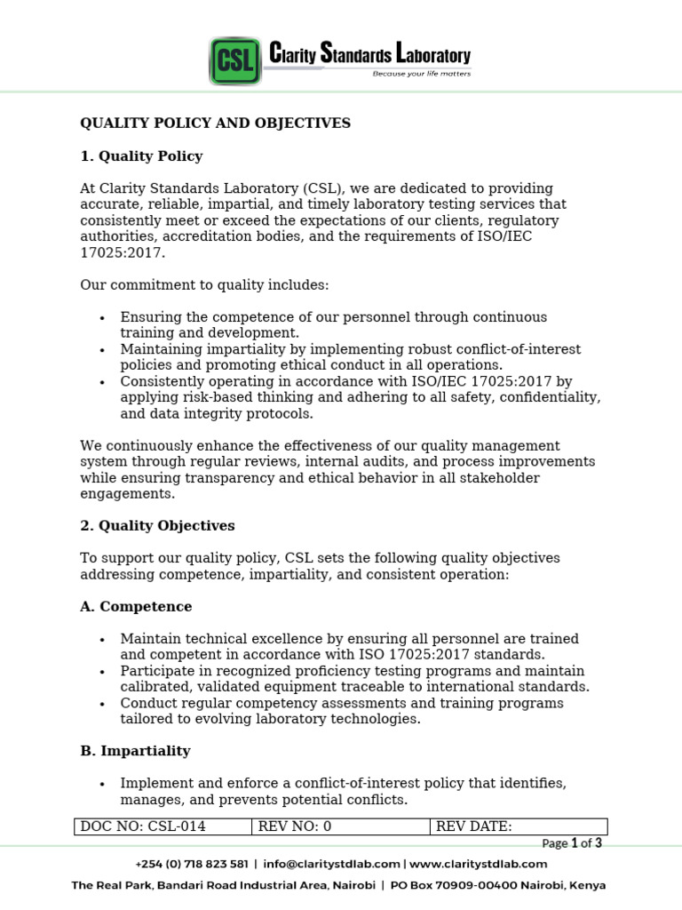CSL-014-Quality Policy and Objectives | PDF | Quality Management ...