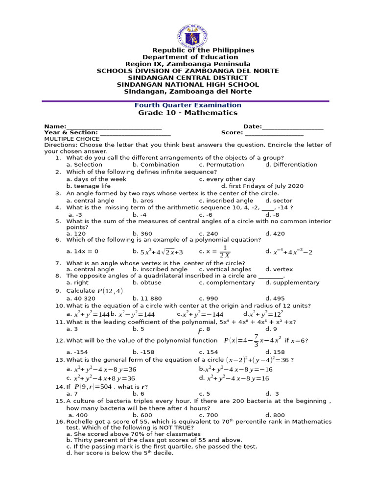 Grade 10 Mathematics Exam Questions | PDF | Angle | Circle