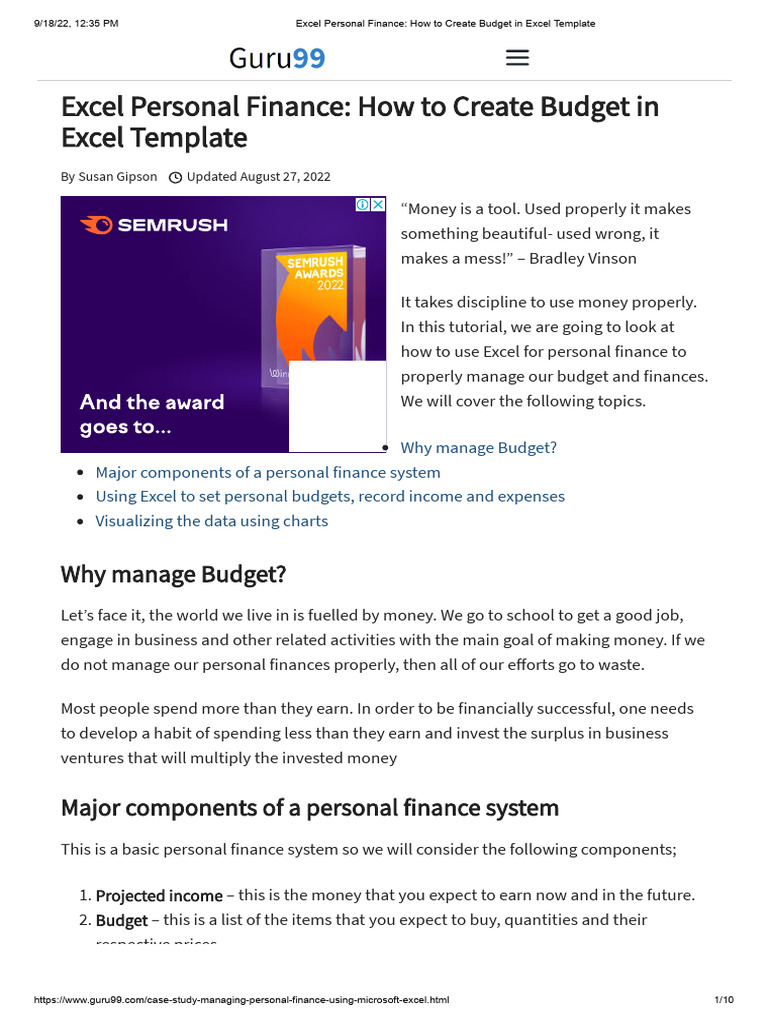 Lesson 7 Excel Personal Finance - How To Create Budget in Excel ...