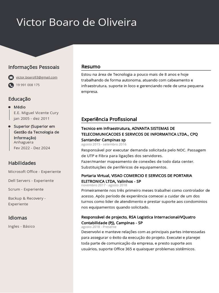 Victor Boaro: Profissional em TI e Infraestrutura | PDF