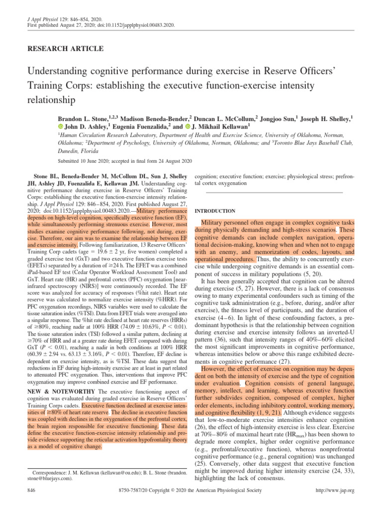 Cognitive Performance and Exercise Intensity | PDF | Executive ...