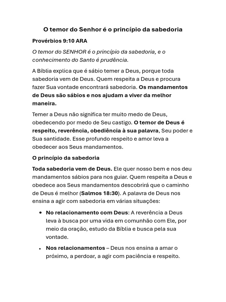 O Temor do Senhor e a Sabedoria | PDF | Sabedoria | Deus