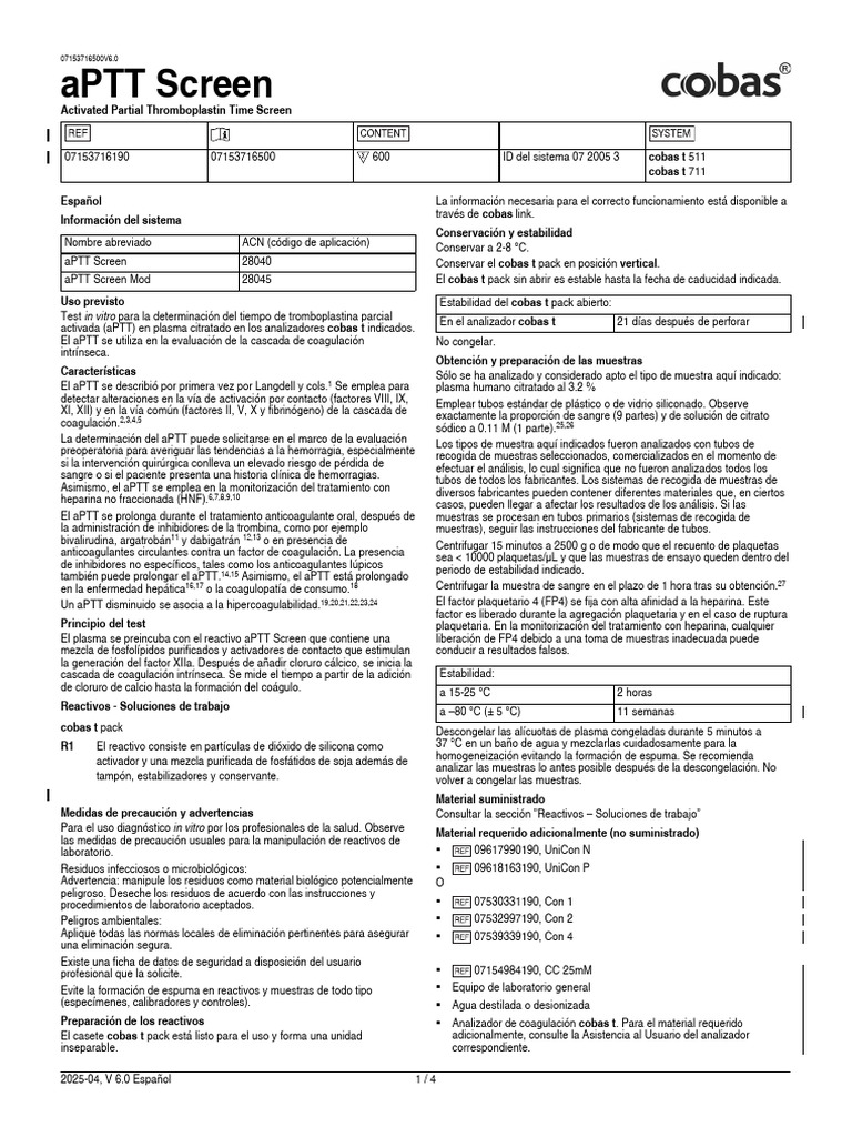 Insert - aPTT Screen.07153716500.V6.es | PDF | Sangre | Medicina CLINICA