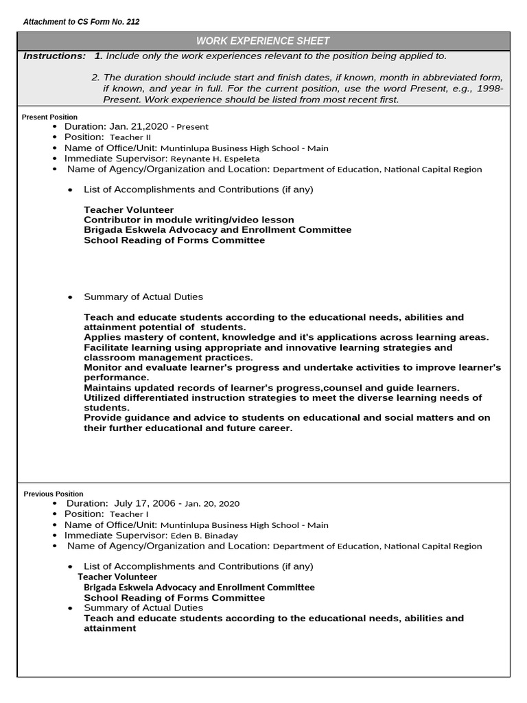 BLANK Work Experience Sheet | PDF | Learning | Teachers