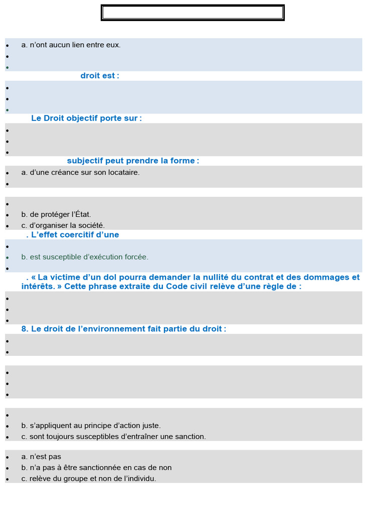 QCM sur Droit Objectif et Subjectif | PDF | Justice | Crime et violence