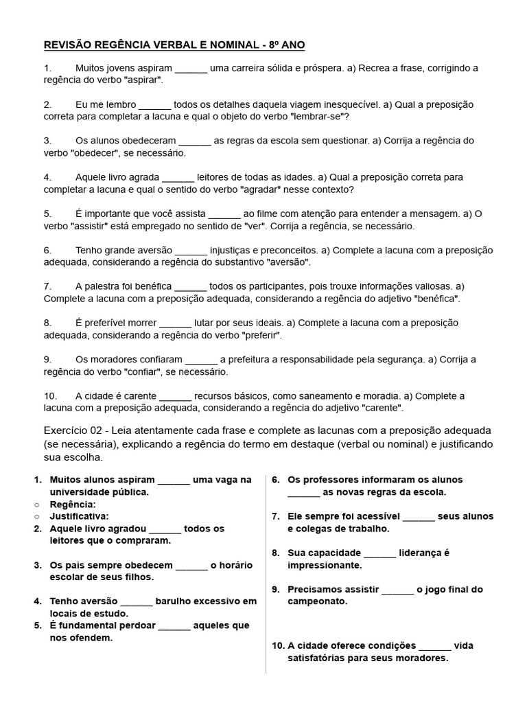 Revisão de Regência Verbal e Nominal 8º Ano | PDF | Objeto (gramática ...