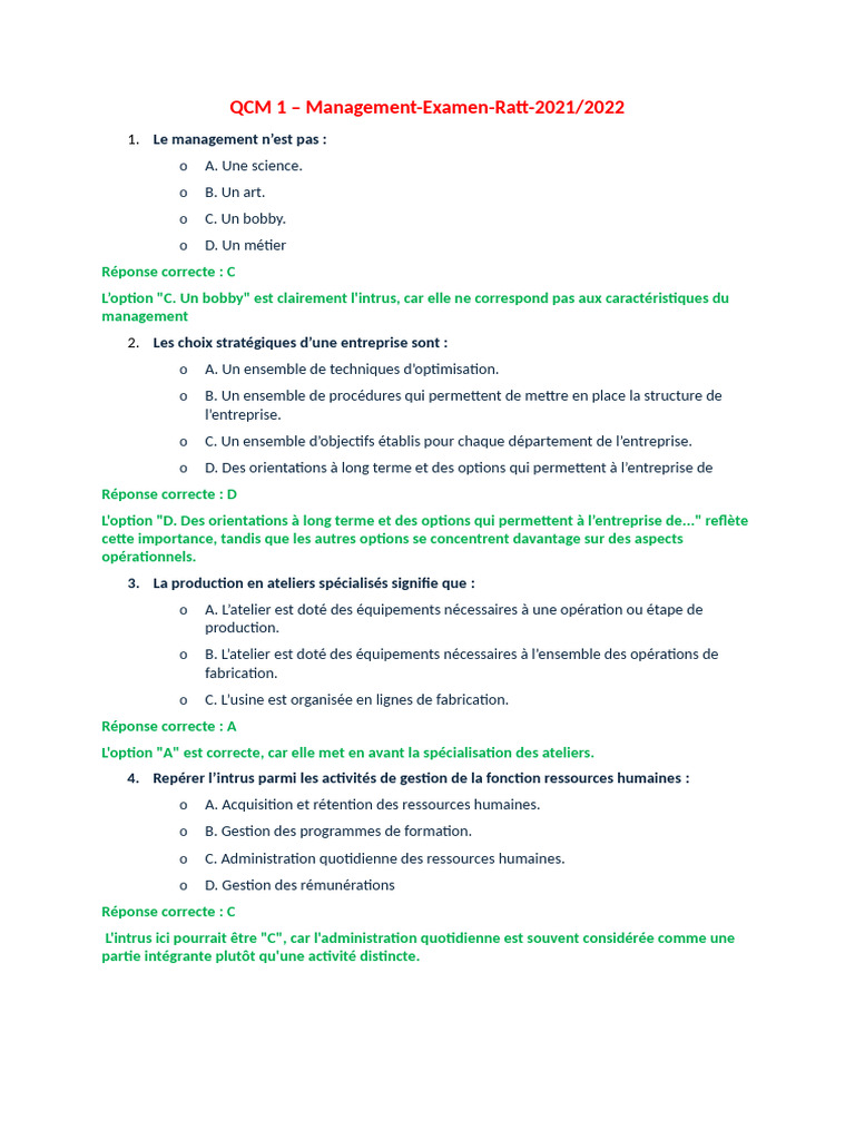 QCM Management 2021/2022 | PDF | Business | Gestion des ressources humaines