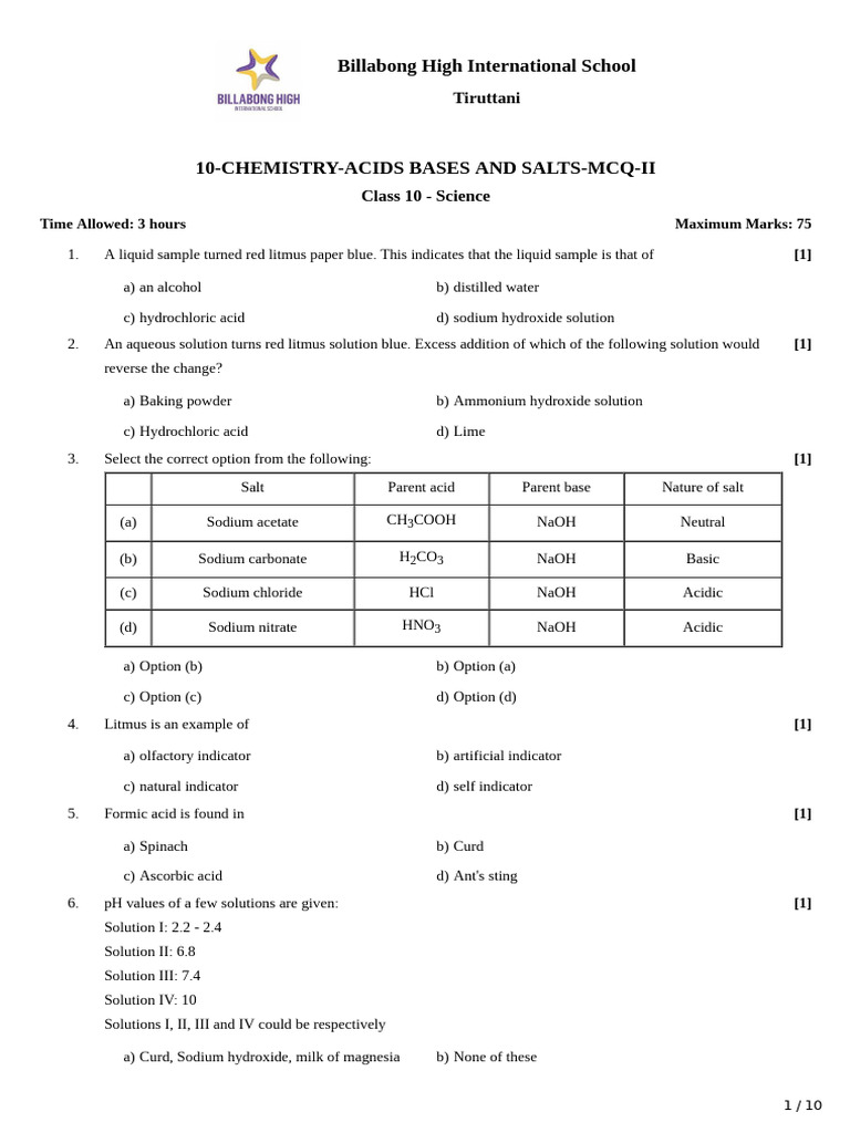 Class 10 Chemistry MCQs on Acids and Bases | PDF | Acid | Sodium Carbonate