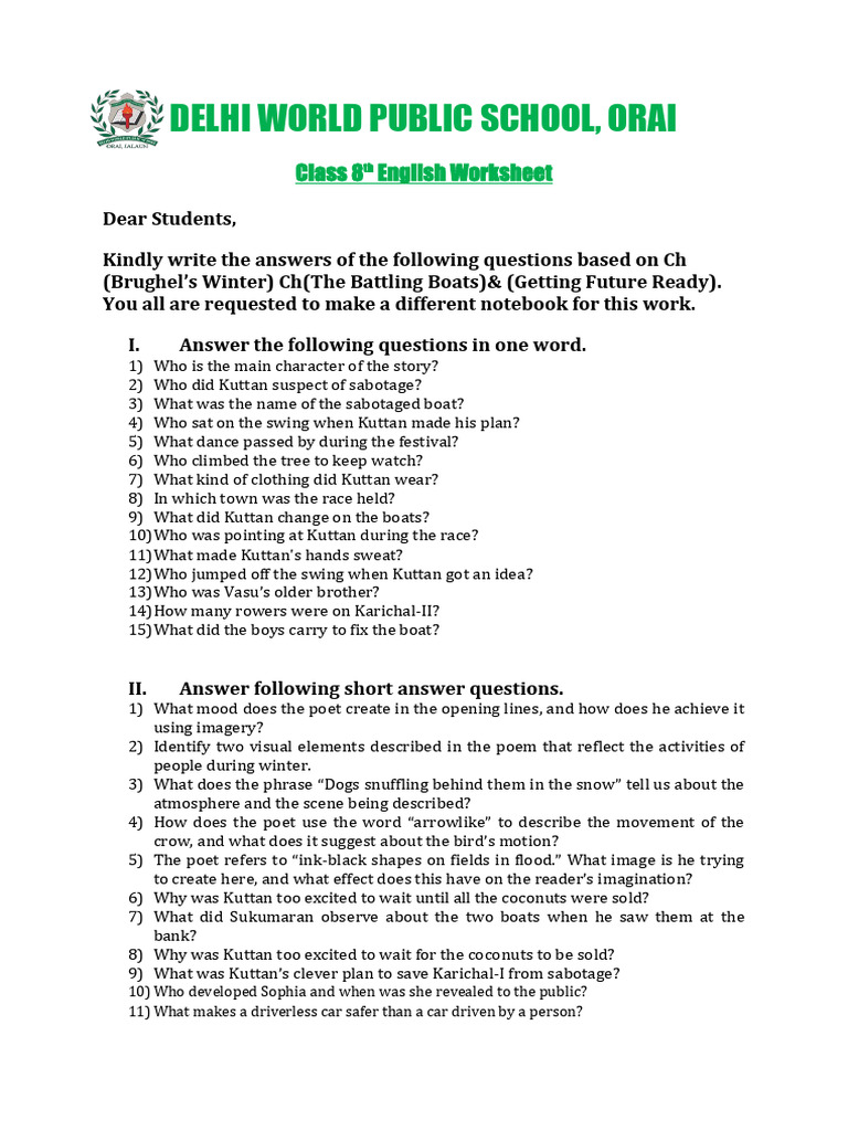 Class 8 English Worksheet and Answers | PDF