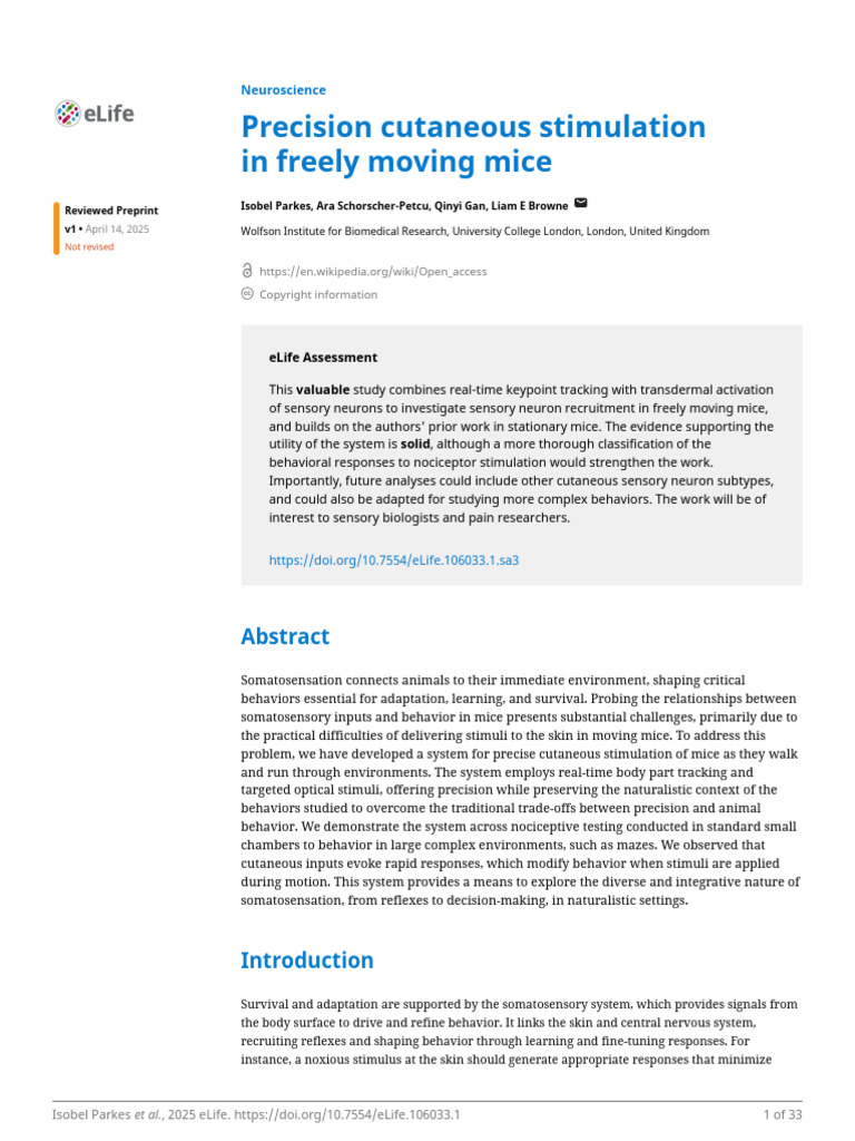Precision Cutaneous Stimulation in Freely Moving Mice | PDF ...