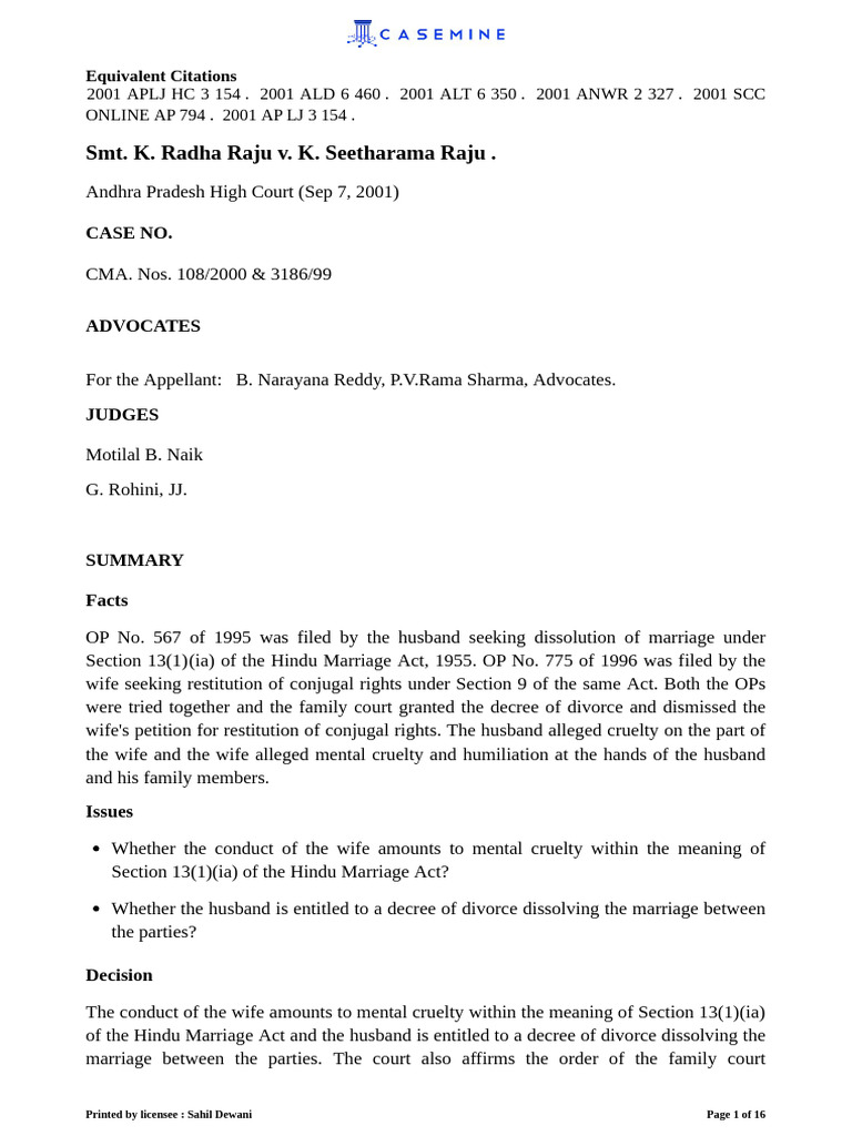 Smt. K. Radha Raju v. K. Seetharama Raju .: Case No | PDF | Divorce | Bail