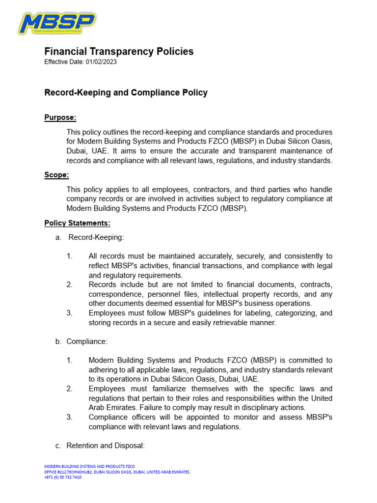 MBSP Record-Keeping and Compliance Policy | PDF | Regulatory Compliance ...
